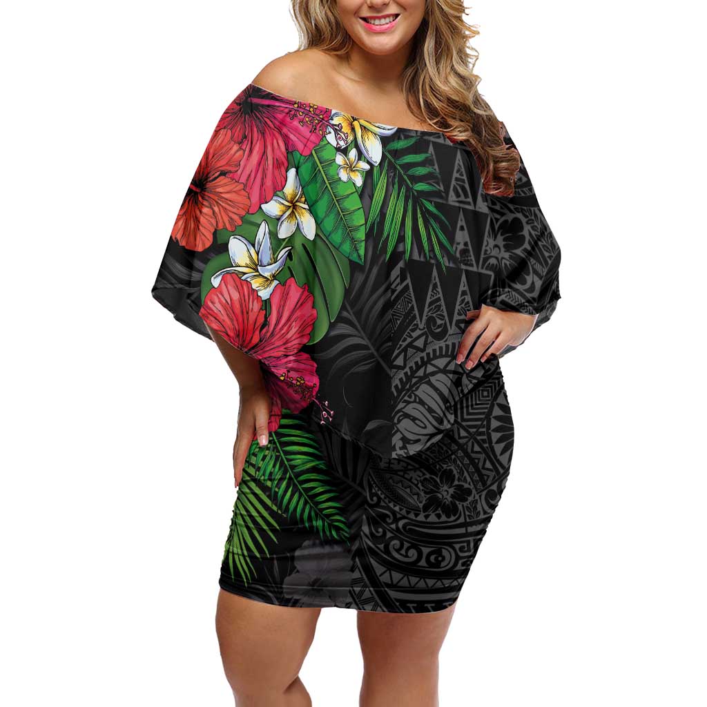 Hawaiian Tropical Plants Off Shoulder Short Dress Kakau Tattoo and Polynesian Pattern Half Black Color LT03 Women Black - Polynesian Pride