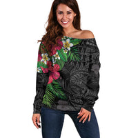 Hawaiian Tropical Plants Off Shoulder Sweater Kakau Tattoo and Polynesian Pattern Half Black Color