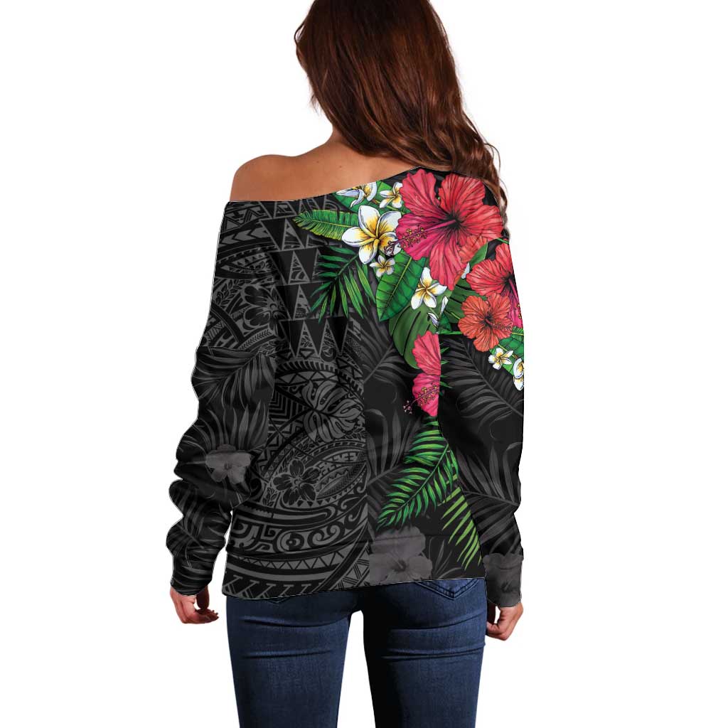 Hawaiian Tropical Plants Off Shoulder Sweater Kakau Tattoo and Polynesian Pattern Half Black Color