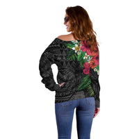 Hawaiian Tropical Plants Off Shoulder Sweater Kakau Tattoo and Polynesian Pattern Half Black Color