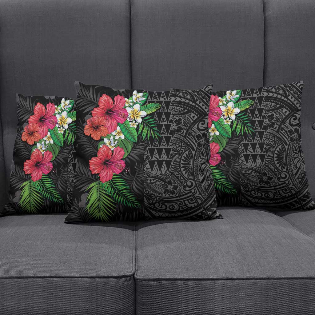 Hawaiian Tropical Plants Pillow Cover Kakau Tattoo and Polynesian Pattern Half Black Color