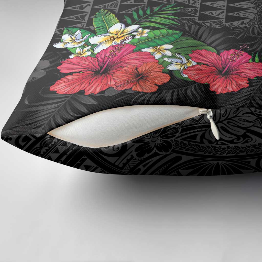 Hawaiian Tropical Plants Pillow Cover Kakau Tattoo and Polynesian Pattern Half Black Color