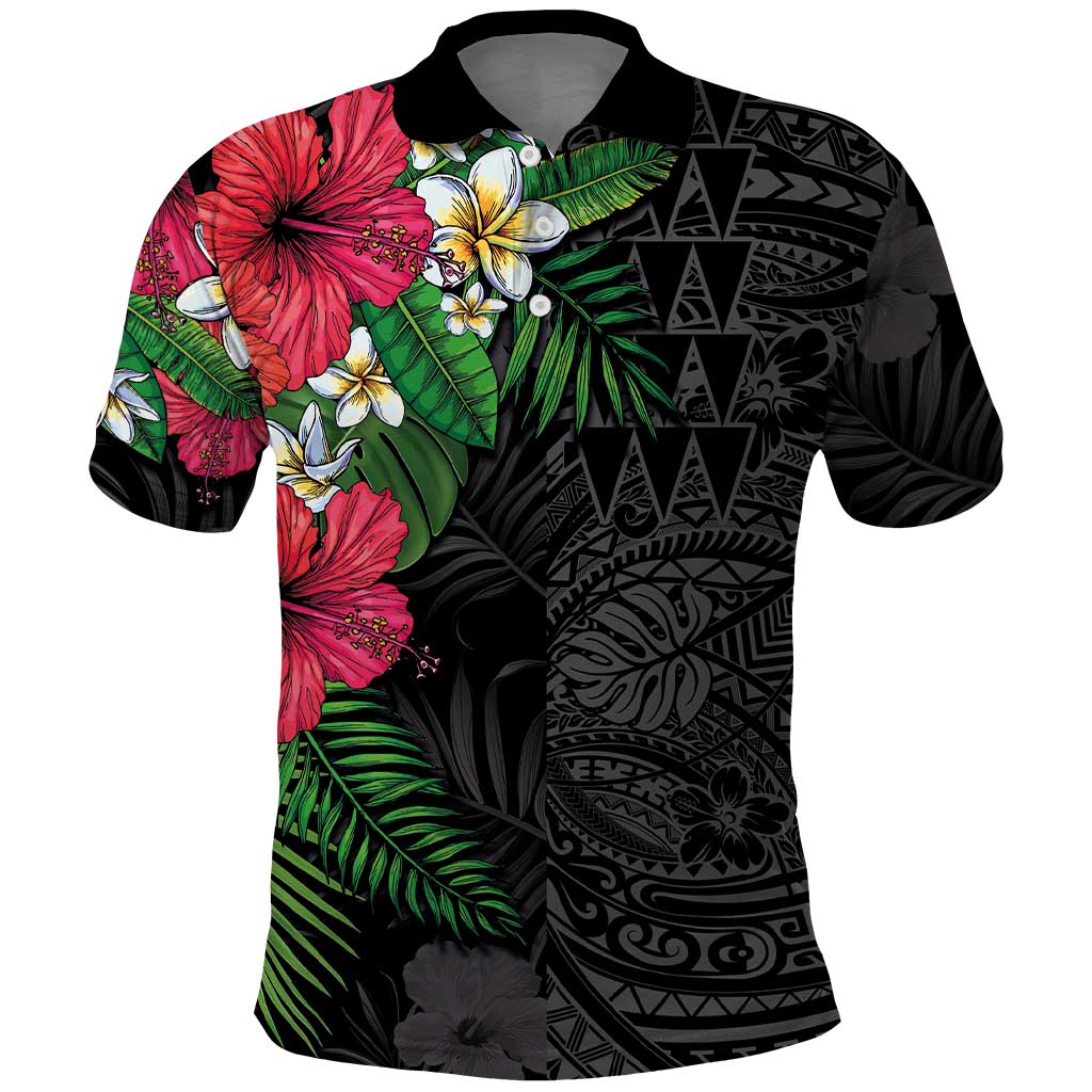 Hawaiian Tropical Plants Polo Shirt Kakau Tattoo and Polynesian Pattern Half Black Color