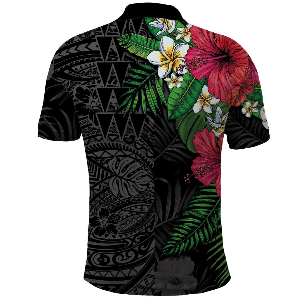 Hawaiian Tropical Plants Polo Shirt Kakau Tattoo and Polynesian Pattern Half Black Color