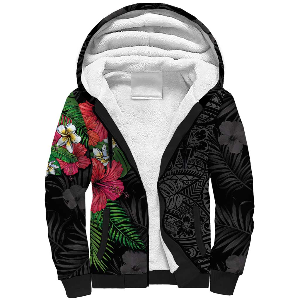 Hawaiian Tropical Plants Sherpa Hoodie Kakau Tattoo and Polynesian Pattern Half Black Color LT03 Unisex Black - Polynesian Pride