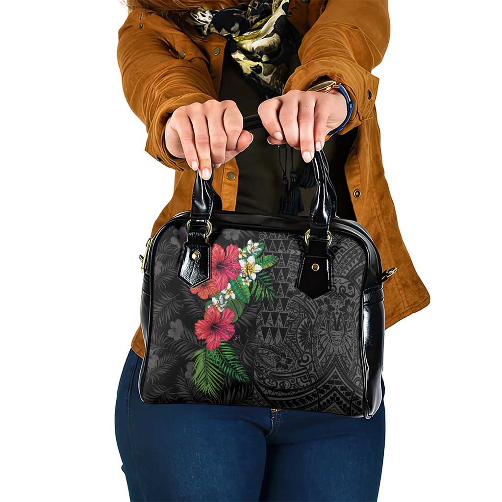 Hawaiian Tropical Plants Shoulder Handbag Kakau Tattoo and Polynesian Pattern Half Black Color