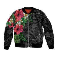 Hawaiian Tropical Plants Sleeve Zip Bomber Jacket Kakau Tattoo and Polynesian Pattern Half Black Color LT03 Unisex Black - Polynesian Pride