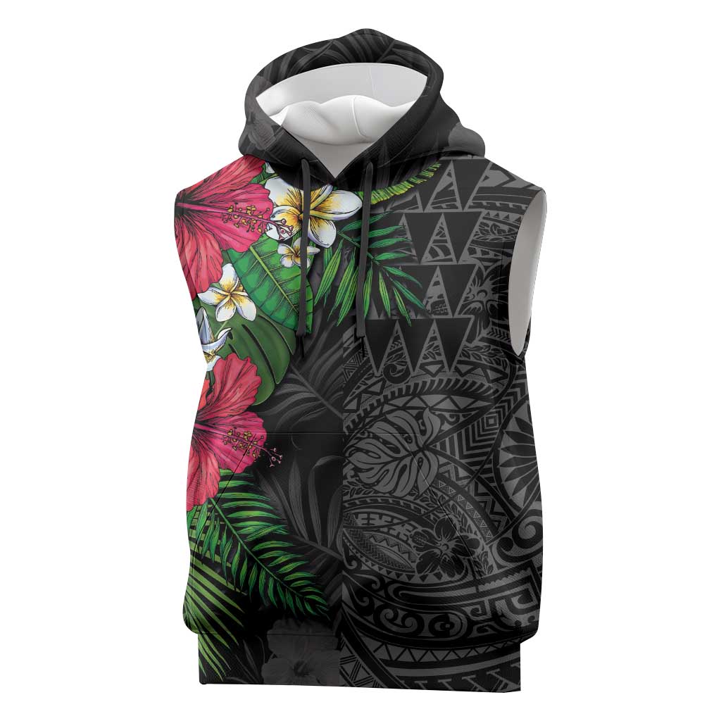 Hawaiian Tropical Plants Sleeveless Hoodie Kakau Tattoo and Polynesian Pattern Half Black Color LT03 Black - Polynesian Pride