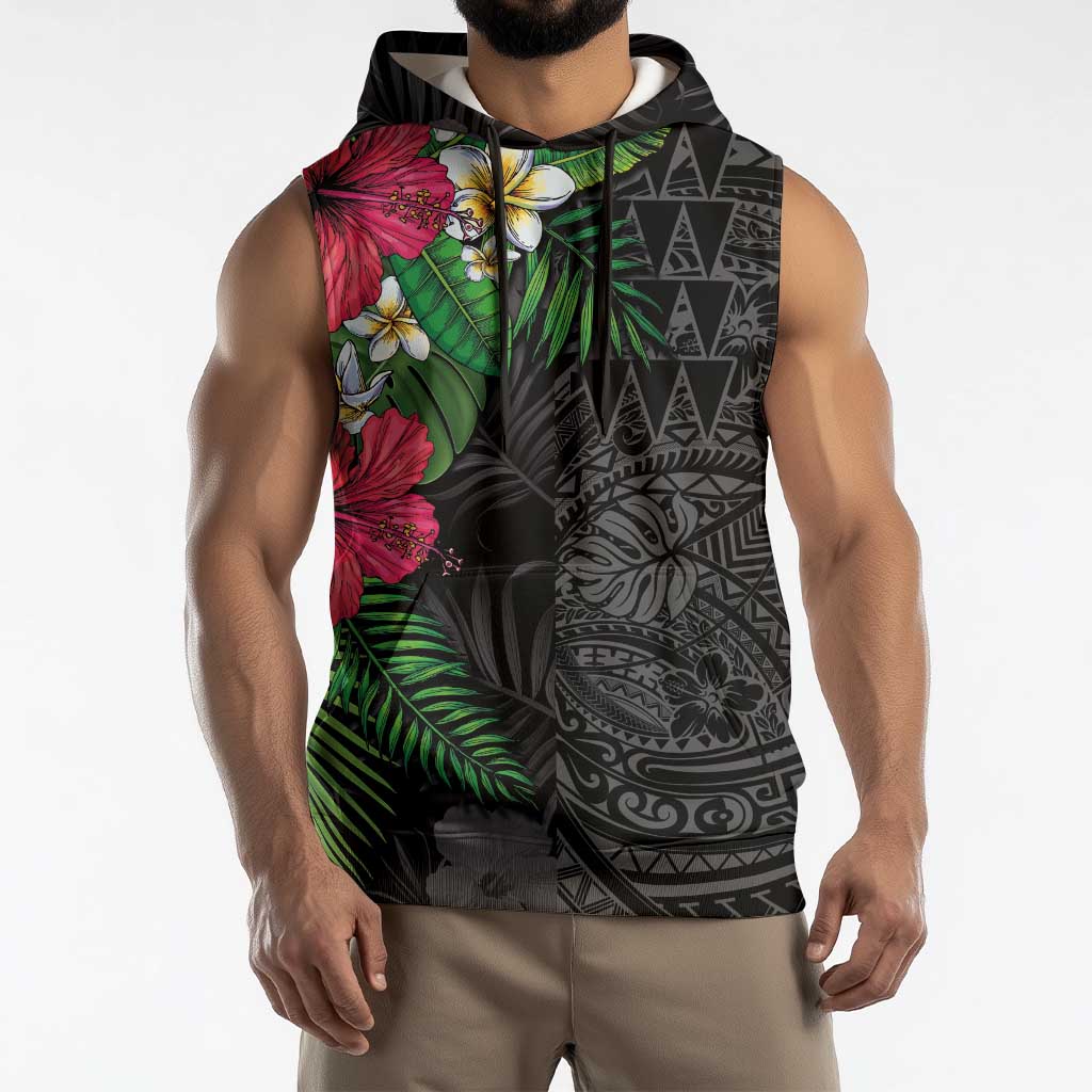 Hawaiian Tropical Plants Sleeveless Hoodie Kakau Tattoo and Polynesian Pattern Half Black Color LT03 - Polynesian Pride