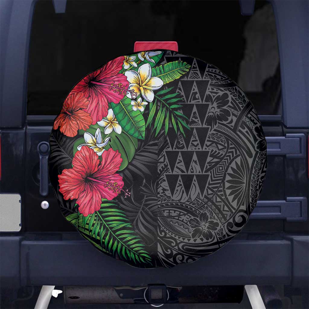 Hawaiian Tropical Plants Spare Tire Cover Kakau Tattoo and Polynesian Pattern Half Black Color