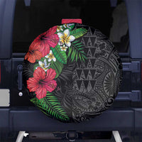 Hawaiian Tropical Plants Spare Tire Cover Kakau Tattoo and Polynesian Pattern Half Black Color