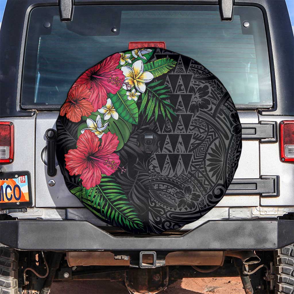 Hawaiian Tropical Plants Spare Tire Cover Kakau Tattoo and Polynesian Pattern Half Black Color