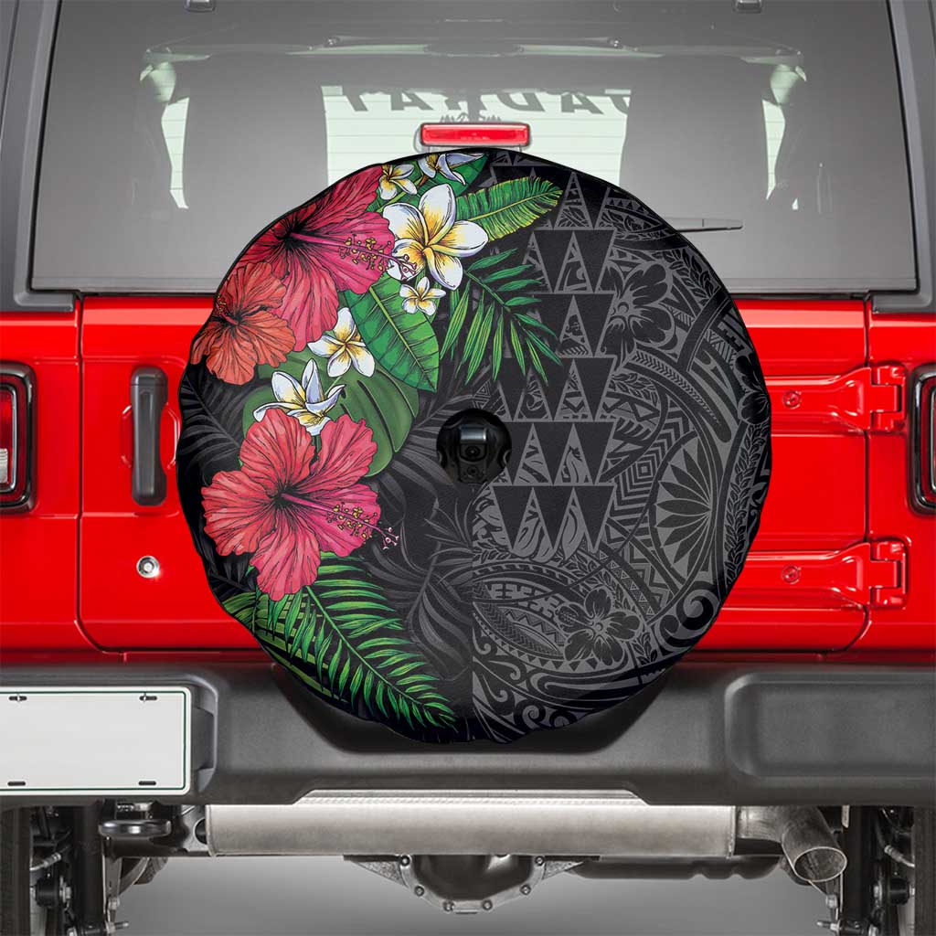 Hawaiian Tropical Plants Spare Tire Cover Kakau Tattoo and Polynesian Pattern Half Black Color