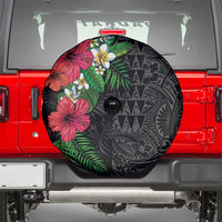 Hawaiian Tropical Plants Spare Tire Cover Kakau Tattoo and Polynesian Pattern Half Black Color