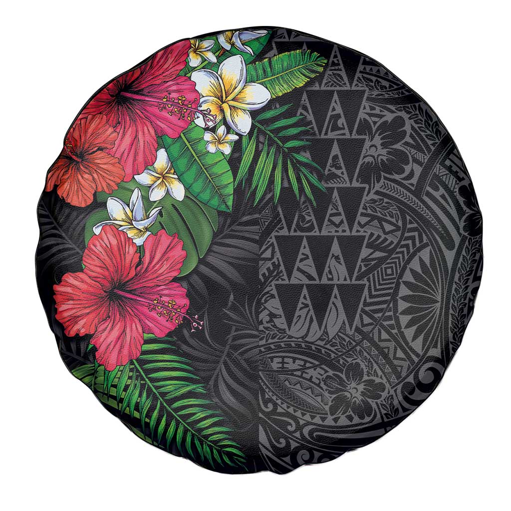 Hawaiian Tropical Plants Spare Tire Cover Kakau Tattoo and Polynesian Pattern Half Black Color