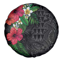 Hawaiian Tropical Plants Spare Tire Cover Kakau Tattoo and Polynesian Pattern Half Black Color