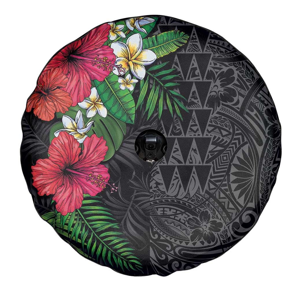 Hawaiian Tropical Plants Spare Tire Cover Kakau Tattoo and Polynesian Pattern Half Black Color