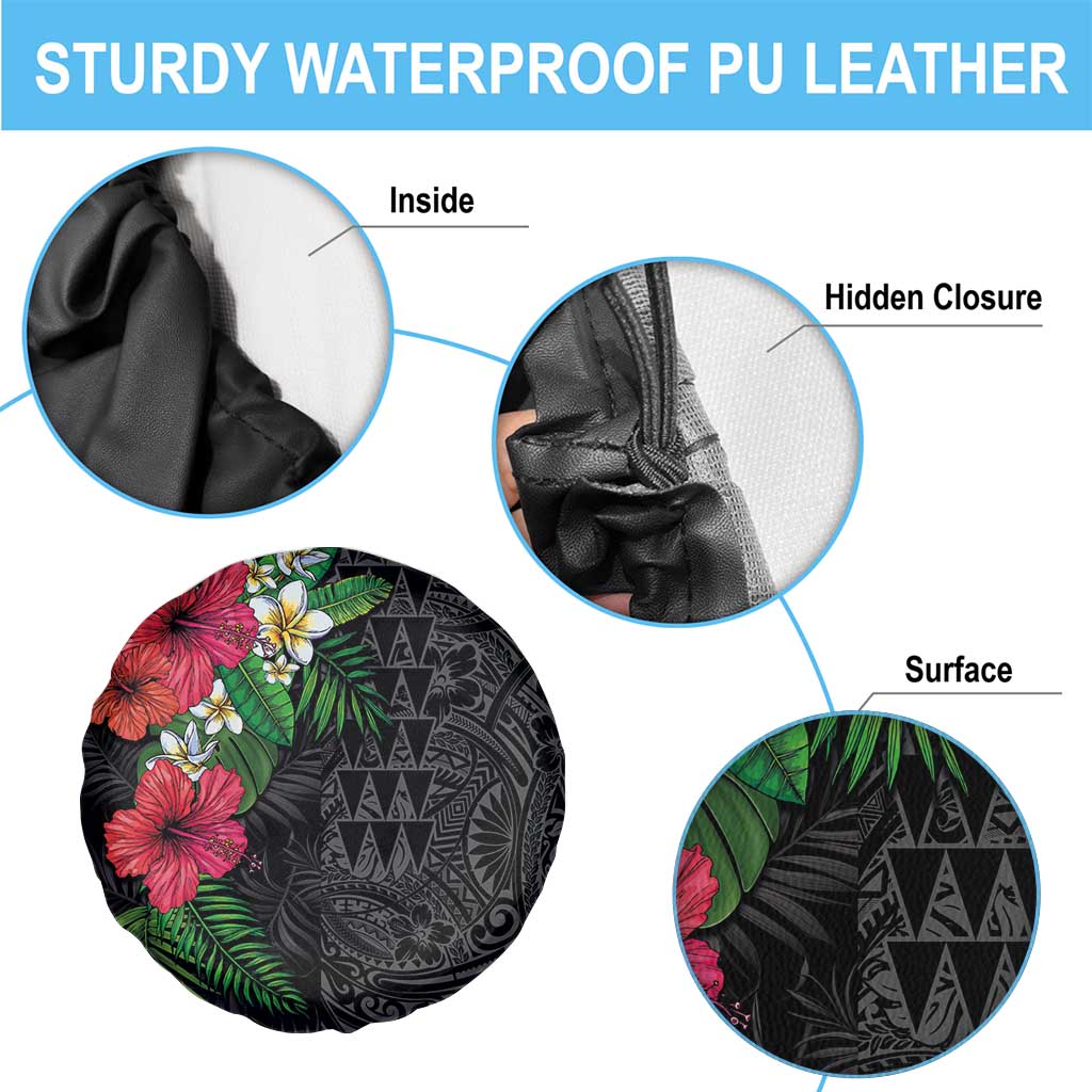 Hawaiian Tropical Plants Spare Tire Cover Kakau Tattoo and Polynesian Pattern Half Black Color