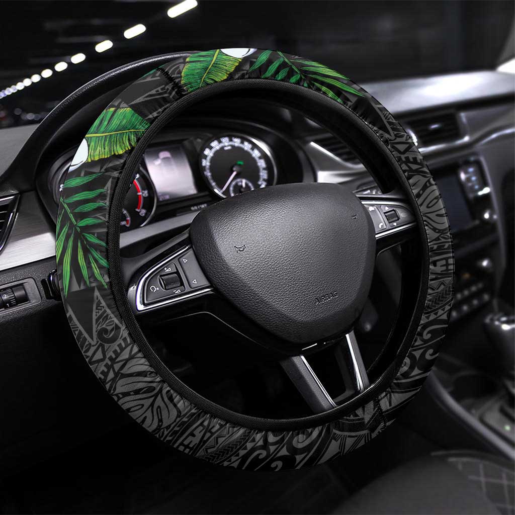 Hawaiian Tropical Plants Steering Wheel Cover Kakau Tattoo and Polynesian Pattern Half Black Color