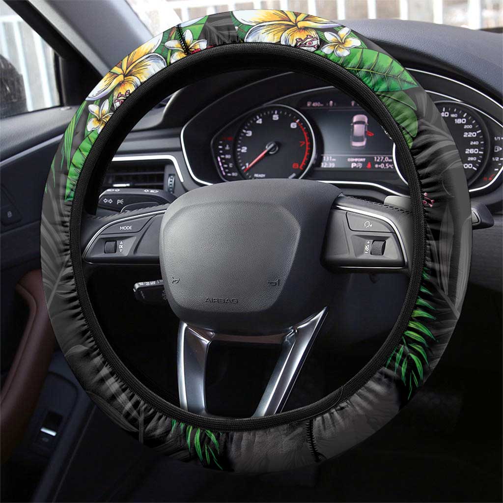 Hawaiian Tropical Plants Steering Wheel Cover Kakau Tattoo and Polynesian Pattern Half Black Color