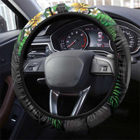 Hawaiian Tropical Plants Steering Wheel Cover Kakau Tattoo and Polynesian Pattern Half Black Color