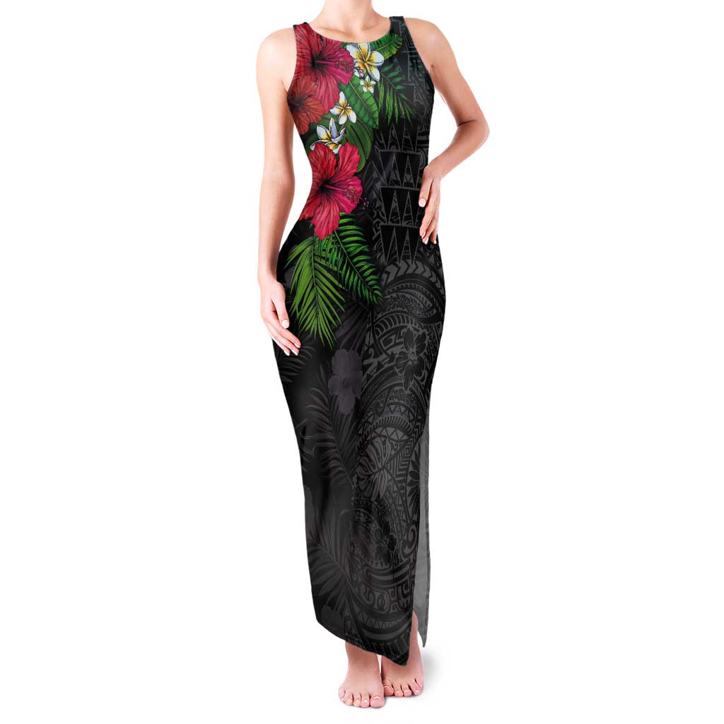 Hawaiian Tropical Plants Tank Maxi Dress Kakau Tattoo and Polynesian Pattern Half Black Color