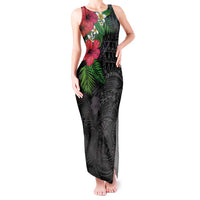Hawaiian Tropical Plants Tank Maxi Dress Kakau Tattoo and Polynesian Pattern Half Black Color