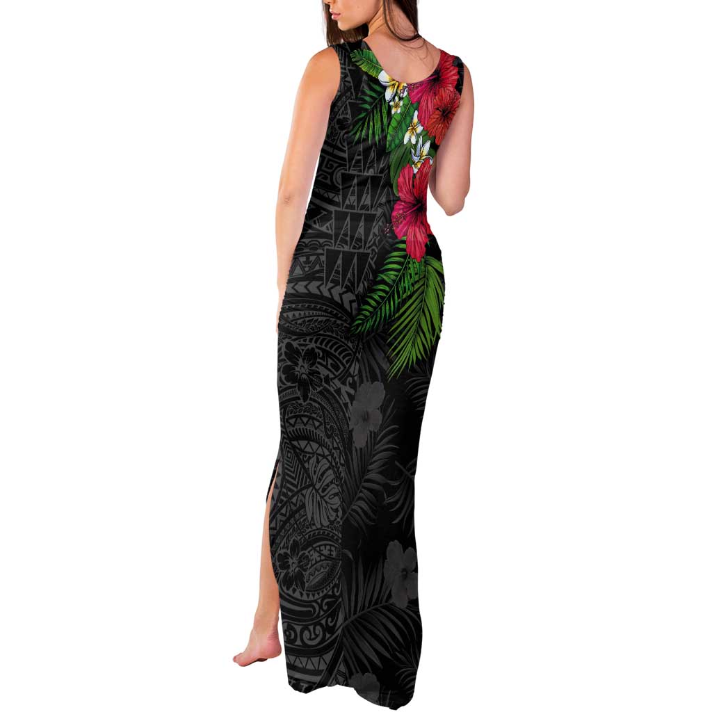 Hawaiian Tropical Plants Tank Maxi Dress Kakau Tattoo and Polynesian Pattern Half Black Color