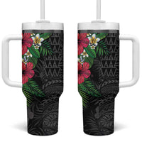 Hawaiian Tropical Plants Tumbler With Handle Kakau Tattoo and Polynesian Pattern Half Black Color