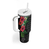 Hawaiian Tropical Plants Tumbler With Handle Kakau Tattoo and Polynesian Pattern Half Black Color