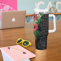 Hawaiian Tropical Plants Tumbler With Handle Kakau Tattoo and Polynesian Pattern Half Black Color
