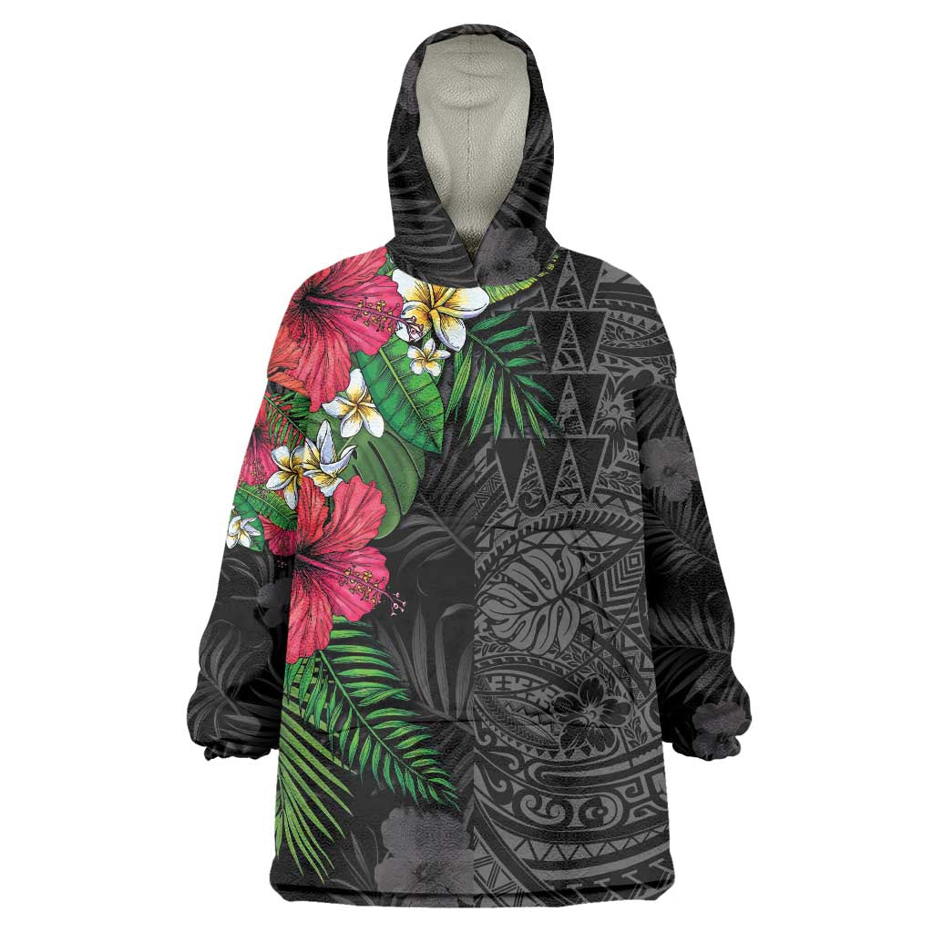 Hawaiian Tropical Plants Wearable Blanket Hoodie Kakau Tattoo and Polynesian Pattern Half Black Color LT03 One Size Black - Polynesian Pride