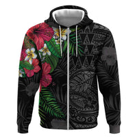 Hawaiian Tropical Plants Zip Hoodie Kakau Tattoo and Polynesian Pattern Half Black Color LT03 Zip Hoodie Black - Polynesian Pride