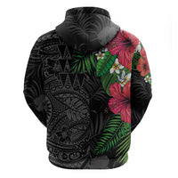 Hawaiian Tropical Plants Zip Hoodie Kakau Tattoo and Polynesian Pattern Half Black Color LT03 - Polynesian Pride