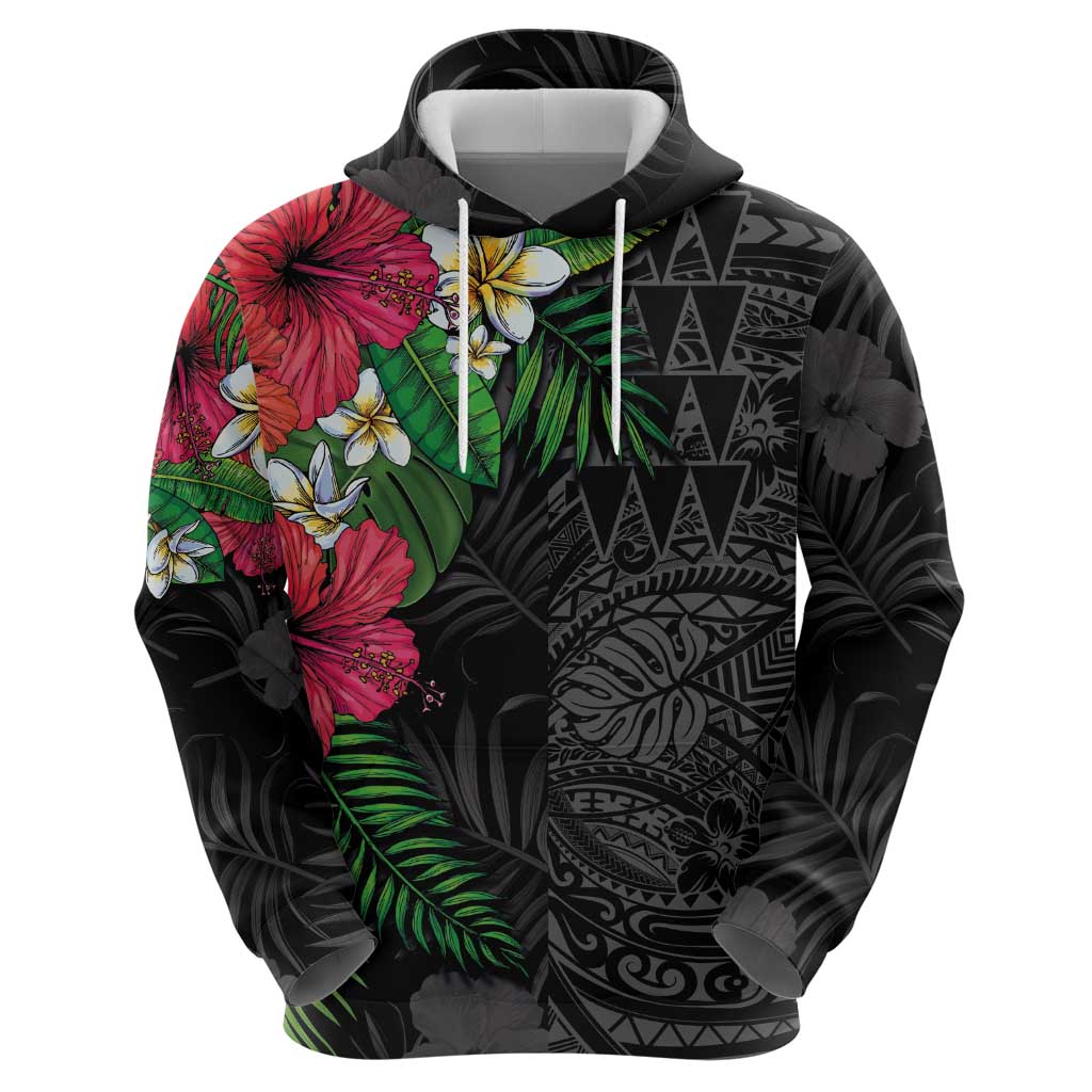 Hawaiian Tropical Plants Zip Hoodie Kakau Tattoo and Polynesian Pattern Half Black Color LT03 - Polynesian Pride