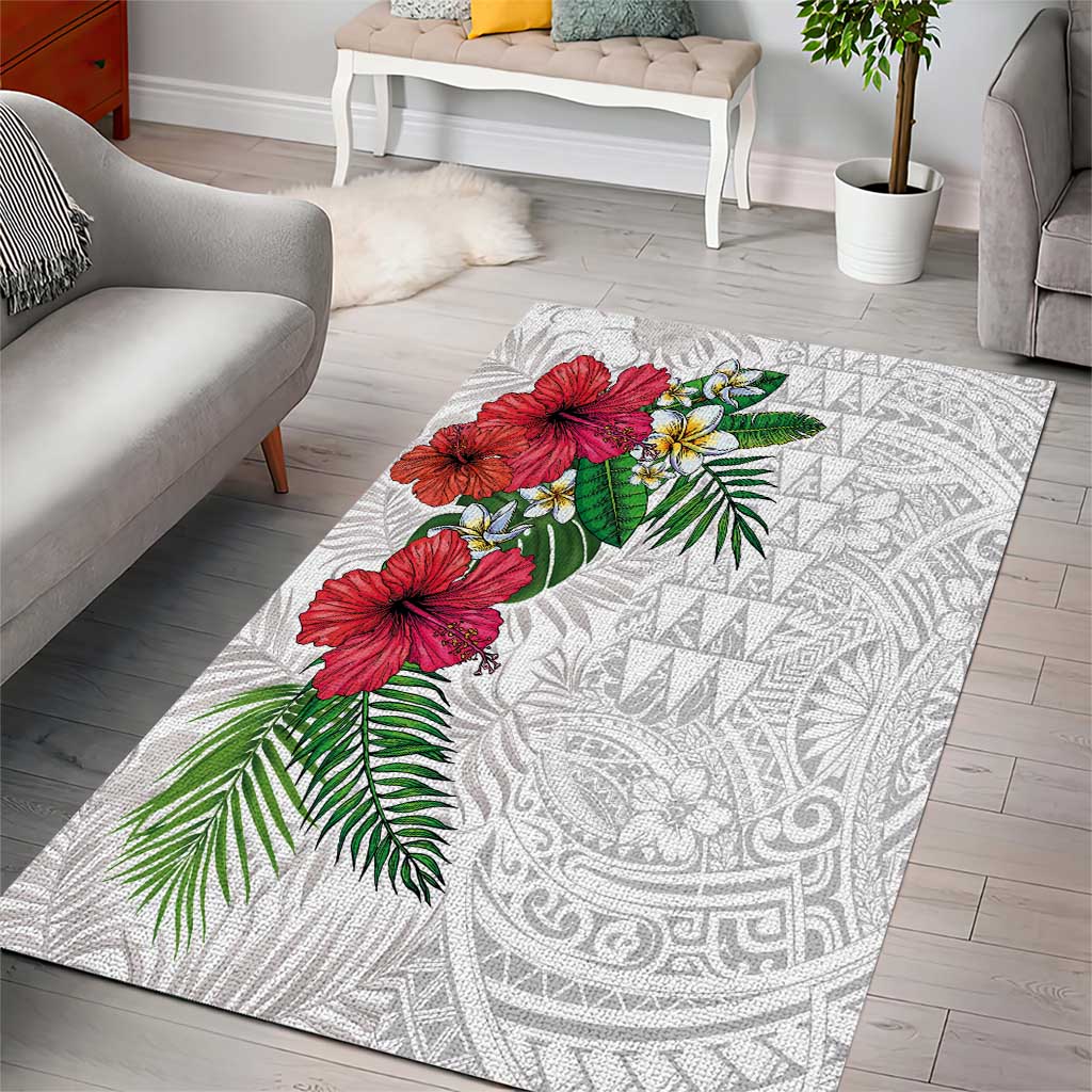 Hawaiian Tropical Plants Area Rug Kakau Tattoo and Polynesian Pattern Half White Color