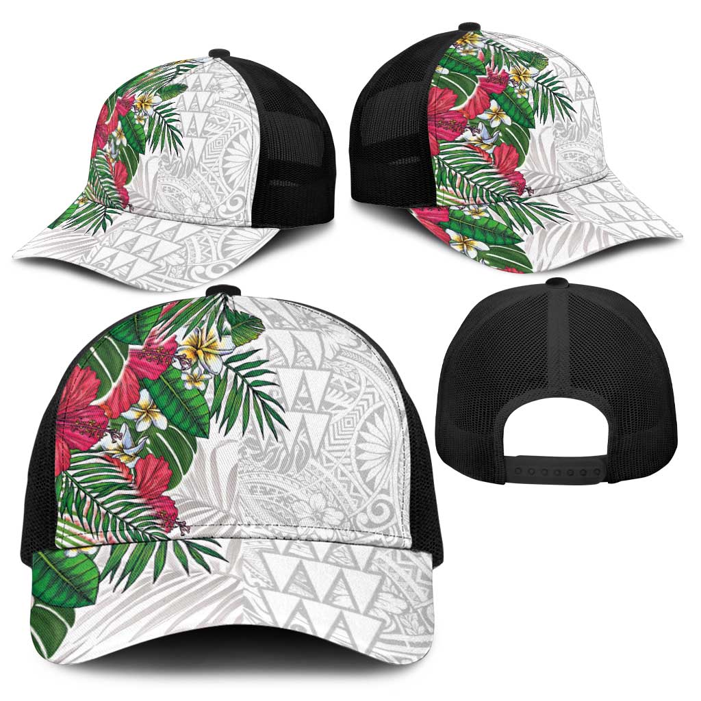 Hawaiian Tropical Plants Baseball Net Cap Kakau Tattoo and Polynesian Pattern Half Black White
