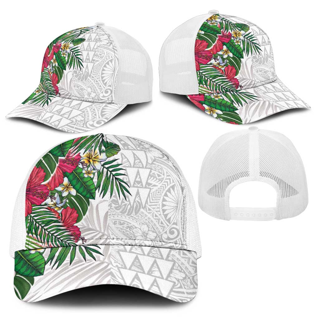 Hawaiian Tropical Plants Baseball Net Cap Kakau Tattoo and Polynesian Pattern Half Black White