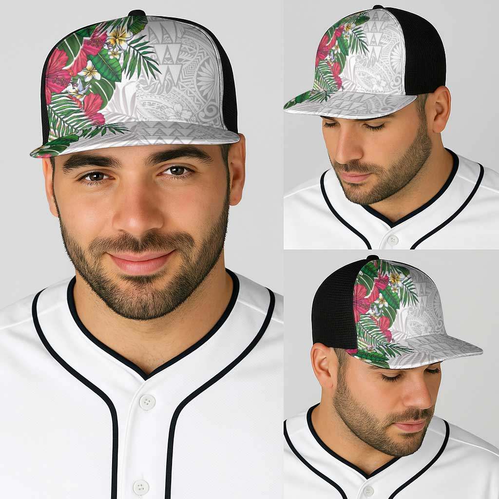 Hawaiian Tropical Plants Baseball Net Cap Kakau Tattoo and Polynesian Pattern Half Black White