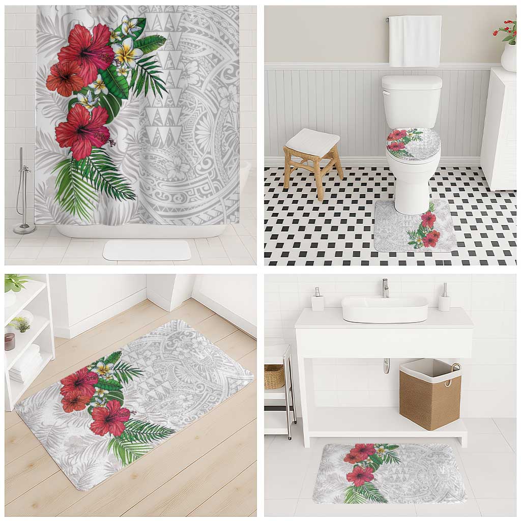Hawaiian Tropical Plants Bathroom Set Kakau Tattoo and Polynesian Pattern Half White Color