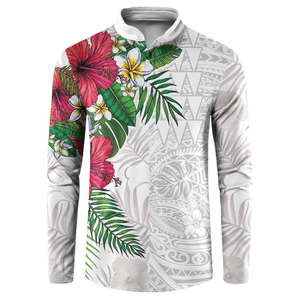 Hawaiian Tropical Plants Button Sweatshirt Kakau Tattoo and Polynesian Pattern Half White Color LT03 White - Polynesian Pride