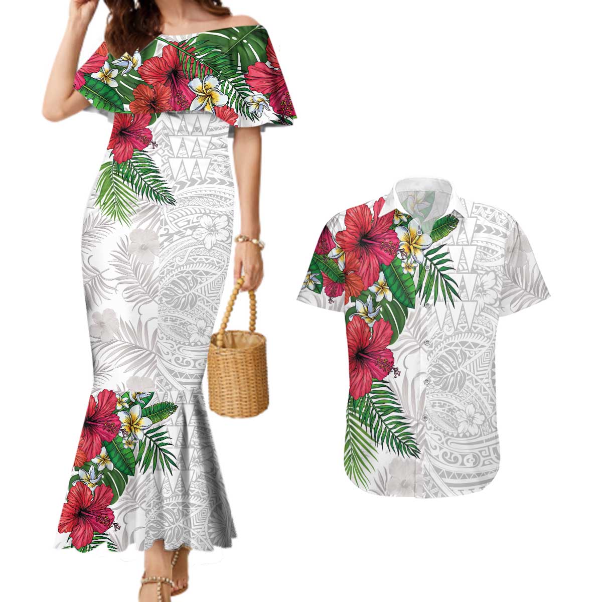 Hawaiian Tropical Plants Couples Matching Mermaid Dress and Hawaiian Shirt Kakau Tattoo and Polynesian Pattern Half White Color