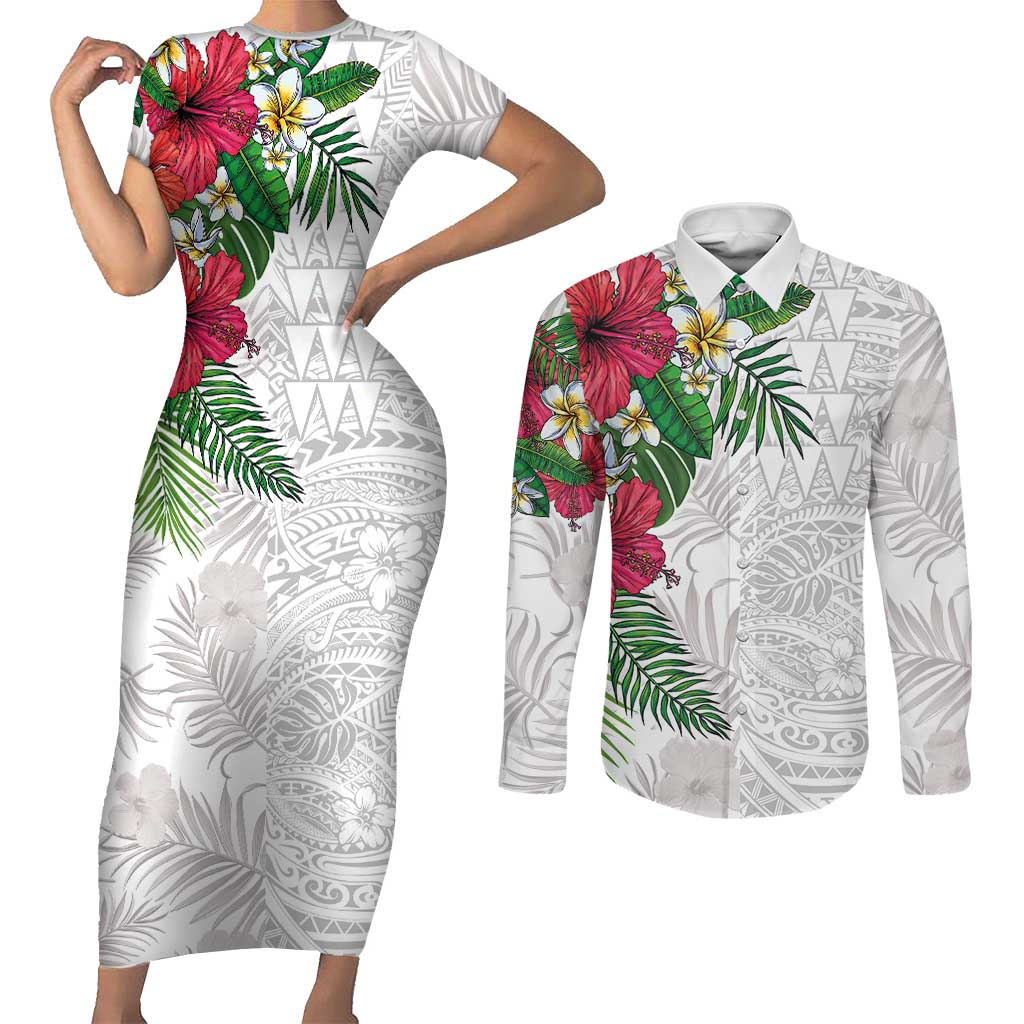 Hawaiian Tropical Plants Couples Matching Short Sleeve Bodycon Dress and Long Sleeve Button Shirt Kakau Tattoo and Polynesian Pattern Half White Color