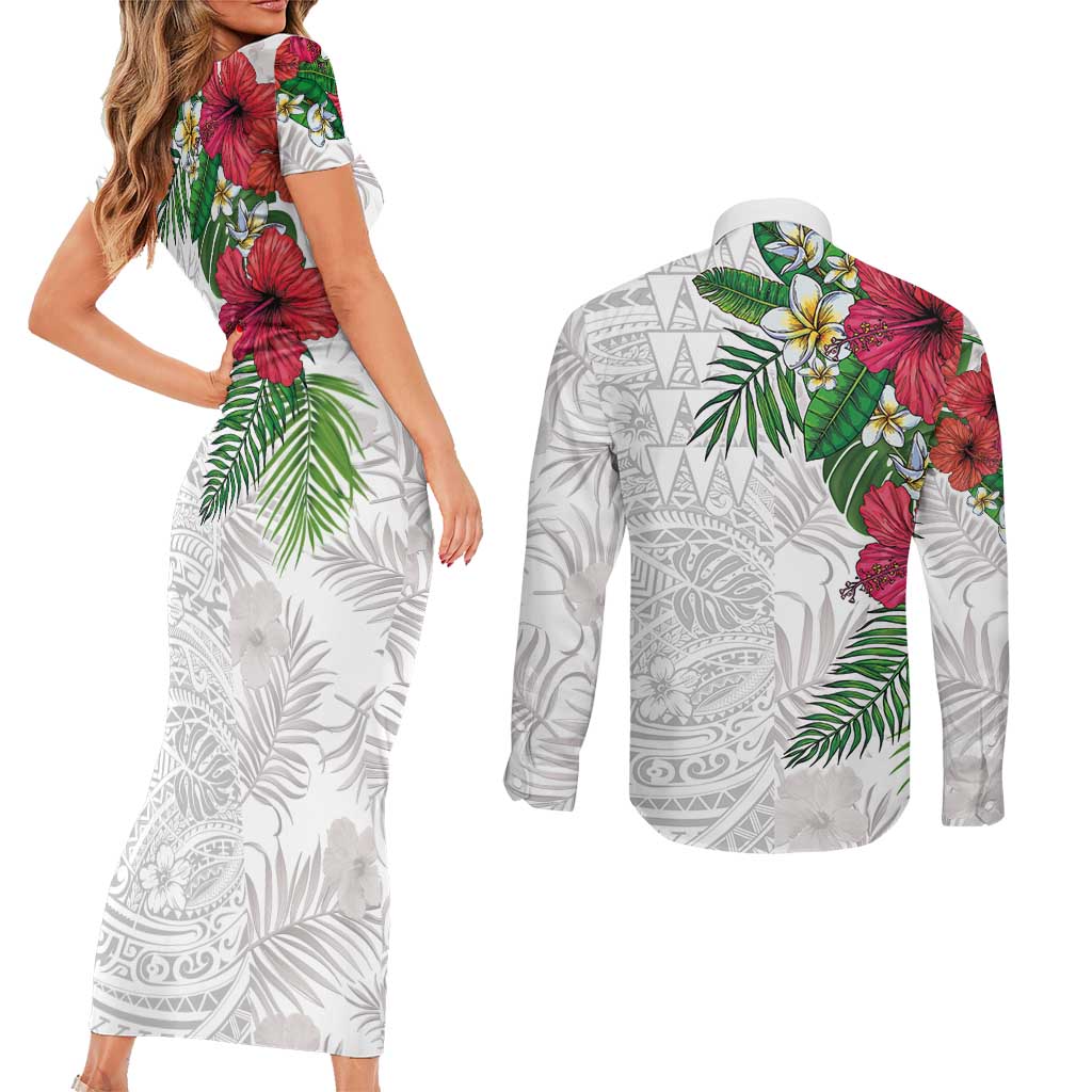 Hawaiian Tropical Plants Couples Matching Short Sleeve Bodycon Dress and Long Sleeve Button Shirt Kakau Tattoo and Polynesian Pattern Half White Color