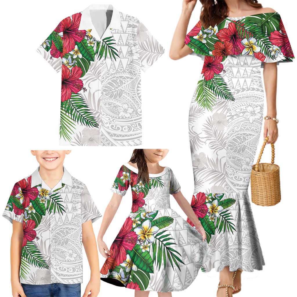 Hawaiian Tropical Plants Family Matching Mermaid Dress and Hawaiian Shirt Kakau Tattoo and Polynesian Pattern Half White Color LT03 - Polynesian Pride