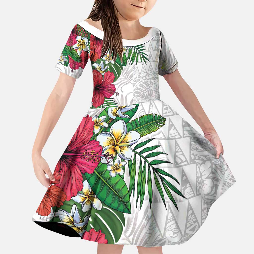 Hawaiian Tropical Plants Family Matching Puletasi and Hawaiian Shirt Kakau Tattoo and Polynesian Pattern Half White Color LT03 Daughter's Dress White - Polynesian Pride
