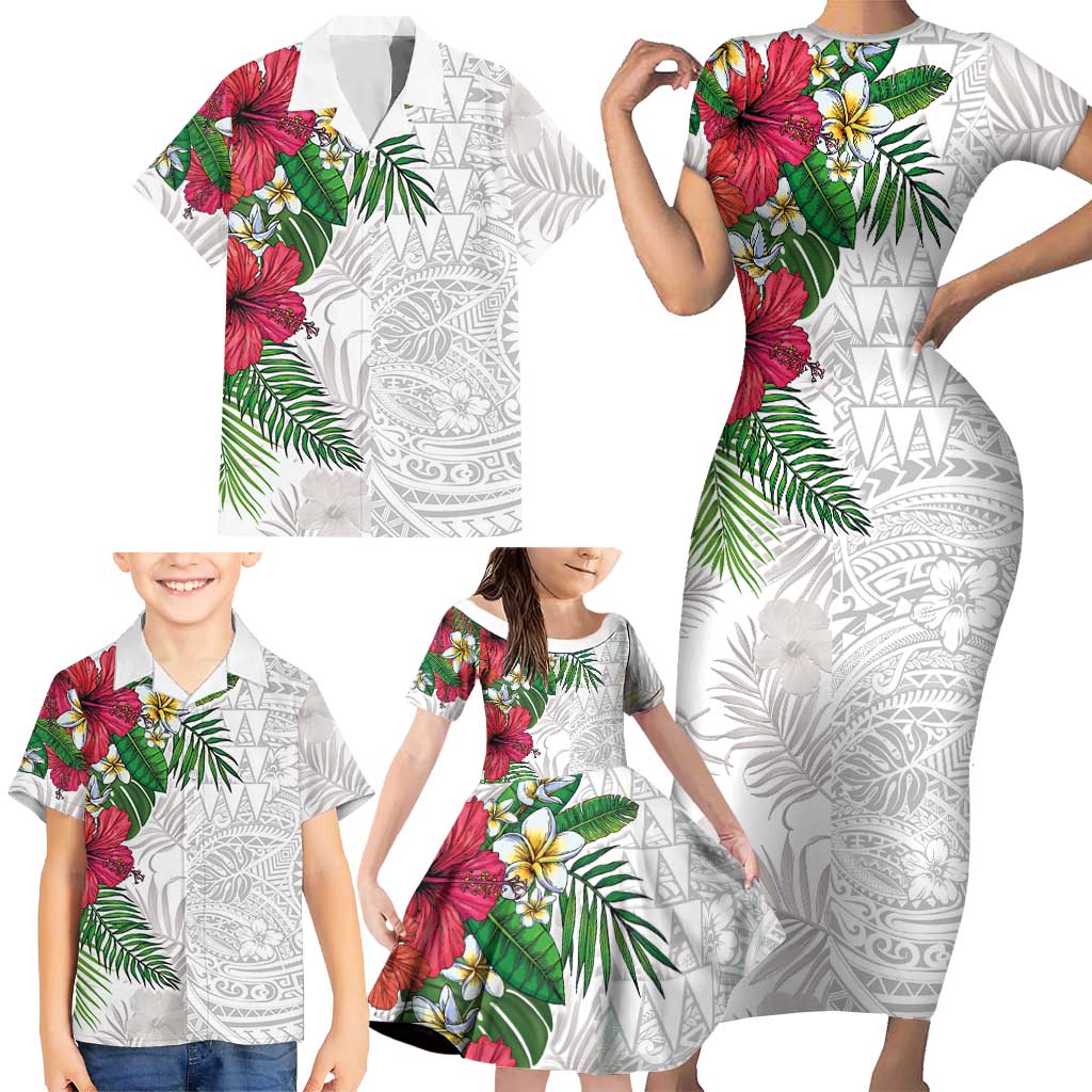 Hawaiian Tropical Plants Family Matching Short Sleeve Bodycon Dress and Hawaiian Shirt Kakau Tattoo and Polynesian Pattern Half White Color LT03 - Polynesian Pride