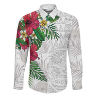 Hawaiian Tropical Plants Family Matching Summer Maxi Dress and Hawaiian Shirt Kakau Tattoo and Polynesian Pattern Half White Color LT03 Dad's Shirt - Long Sleeve White - Polynesian Pride