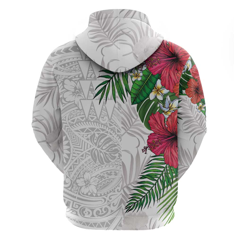 Hawaiian Tropical Plants Hoodie Kakau Tattoo and Polynesian Pattern Half White Color LT03 - Polynesian Pride