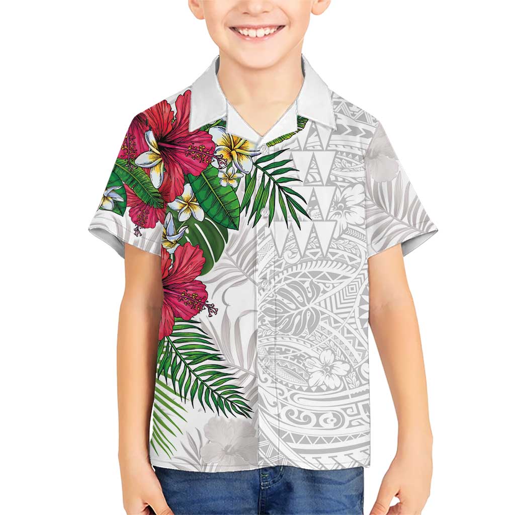 Hawaiian Tropical Plants Kid Hawaiian Shirt Kakau Tattoo and Polynesian Pattern Half White Color LT03 Kid White - Polynesian Pride